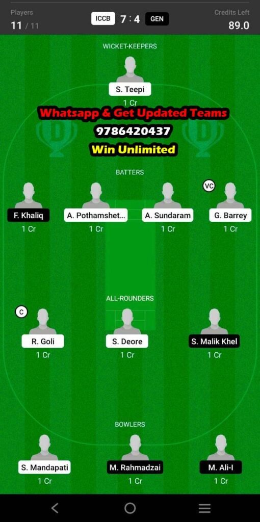 ICCB Vs GEN 31st Match Dream11 Team Fantasy Prediction FanCode ECS T10