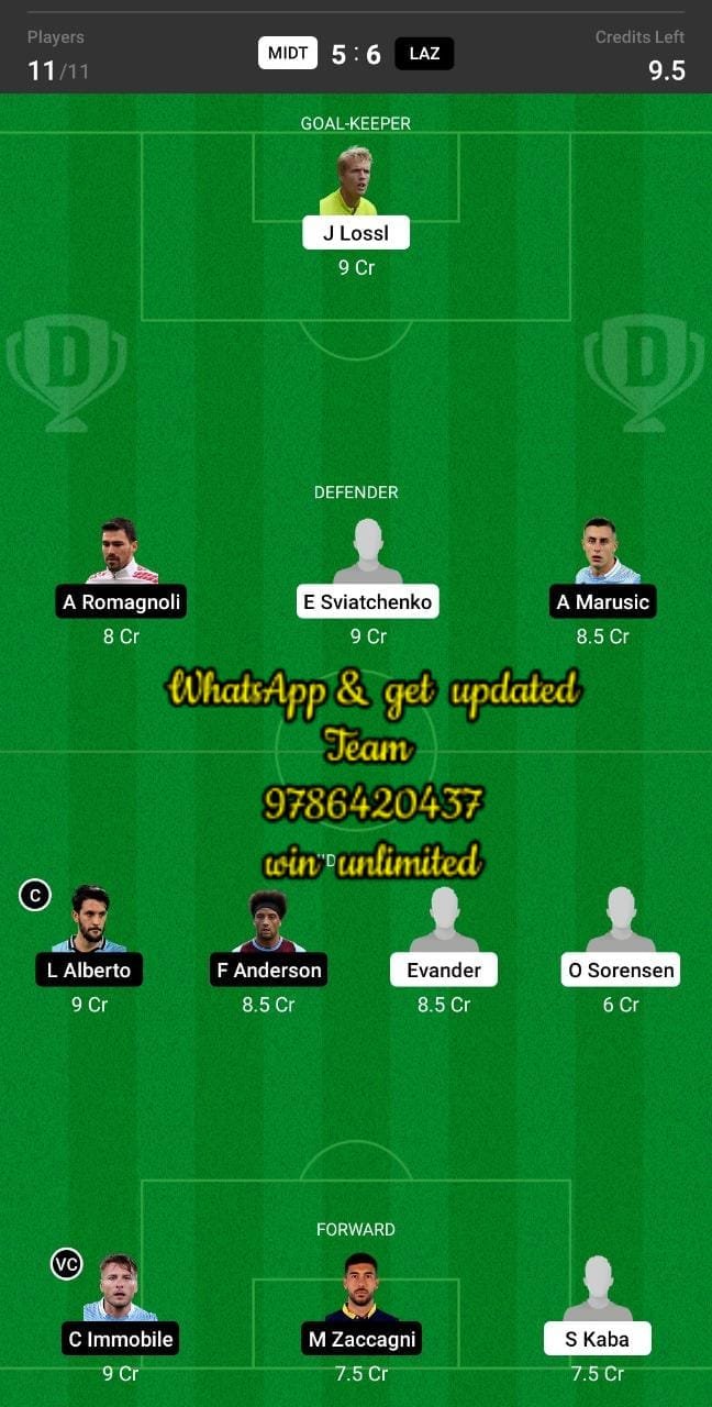 MIDT Vs LAZ Dream11 Team Fantasy Prediction UEFA Europa League