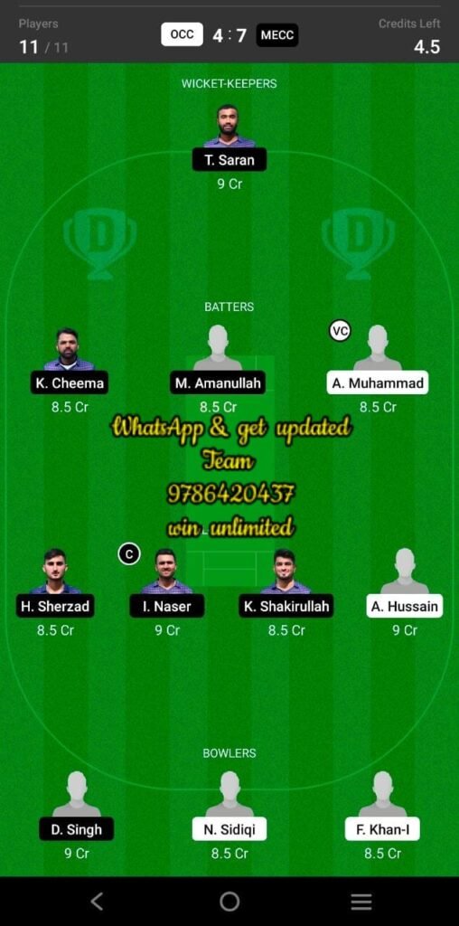 OCC Vs MECC 17th Match Dream11 Team Fantasy Prediction FanCode ECS T10