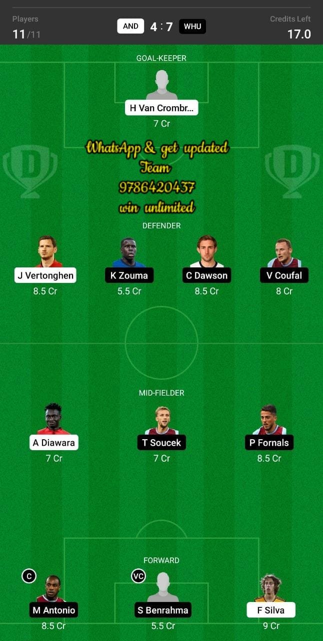 AND Vs WHU Dream11 Team Fantasy Prediction UEFA Europa Conference League