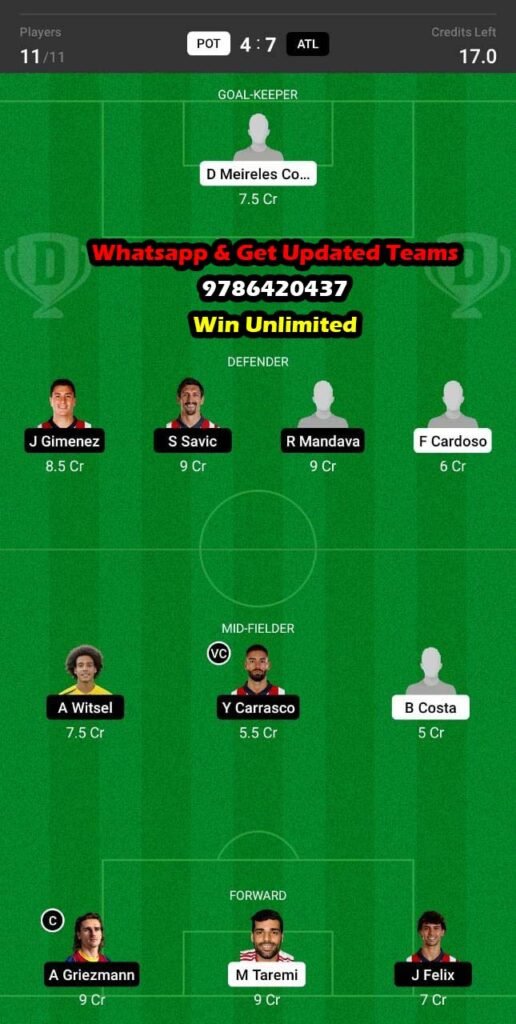 Pot Vs Atl Dream Team Fantasy Prediction Uefa Champions League