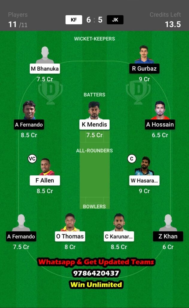 Kf Vs Jk Qualifier Match Dream Team Fantasy Prediction Lanka