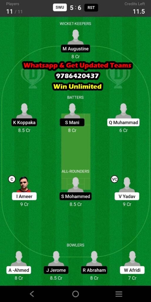 SWU Vs RST 5th Match Dream11 Team Fantasy Prediction Fancode ECS Malta T10