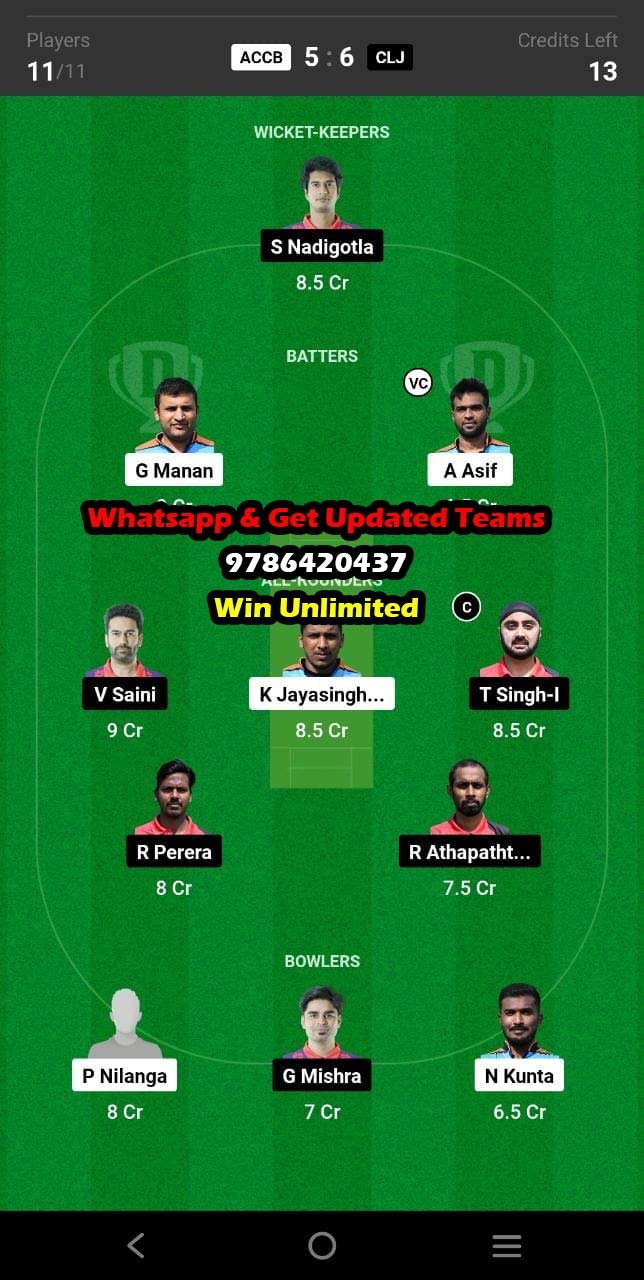 ACCB Vs CLJ 33rd Match Dream11 Team Fantasy Prediction FanCode ECS