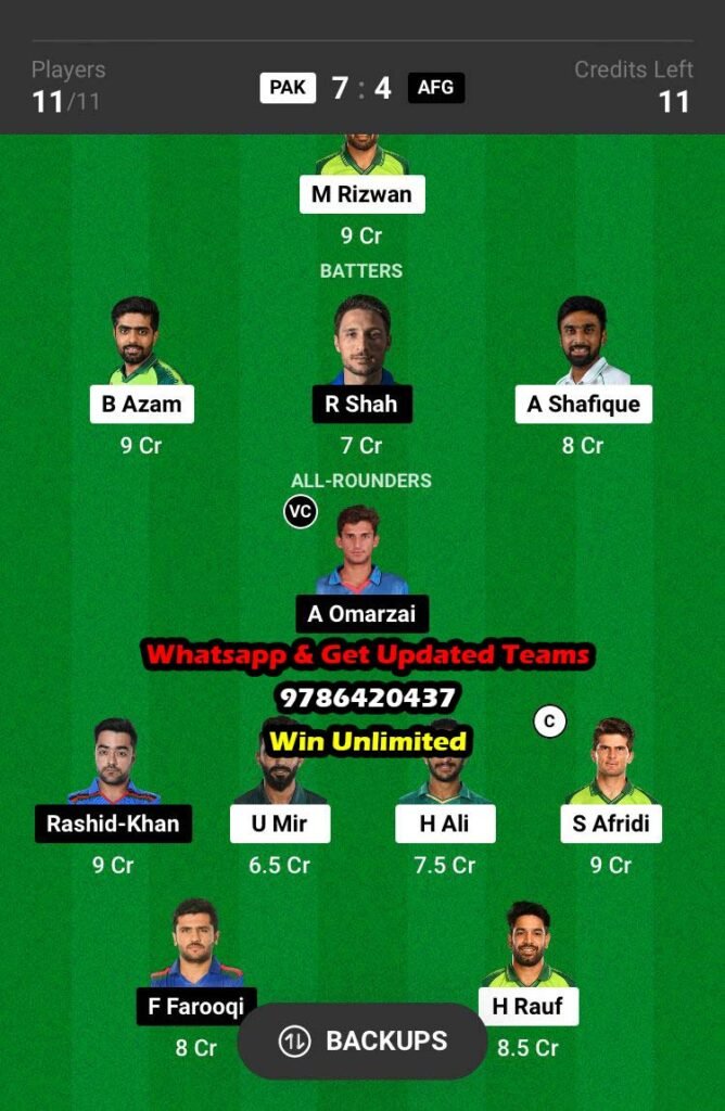 PAK Vs AFG 22nd Match Dream11 Team Fantasy Prediction