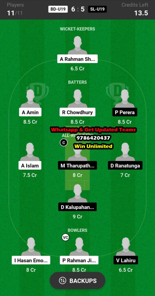 Bd U Vs Sl U Th Match Dream Team Fantasy Prediction U Asia