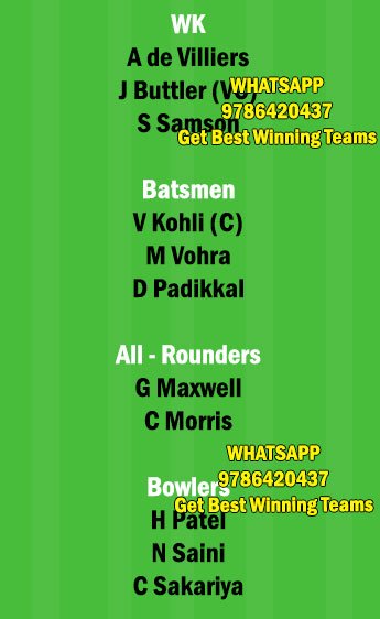 Blr Vs Rr 16th Match Dream11 Team Fantasy Prediction Ipl 21