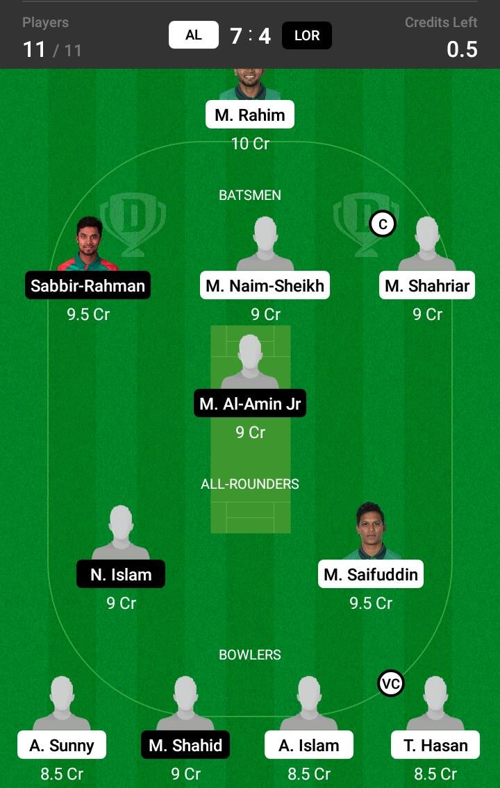 AL vs LOR 38th Match Dream11 Team fantasy Prediction Dhaka T20