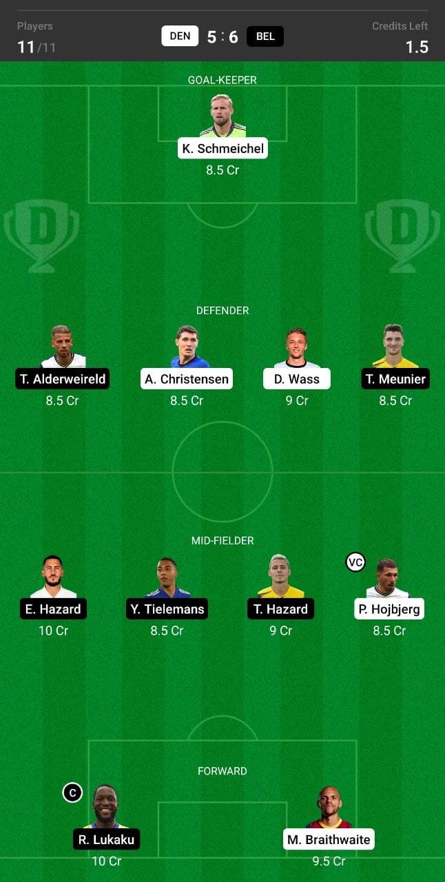 DEN vs BEL Dream11 Team fantasy Prediction Euro