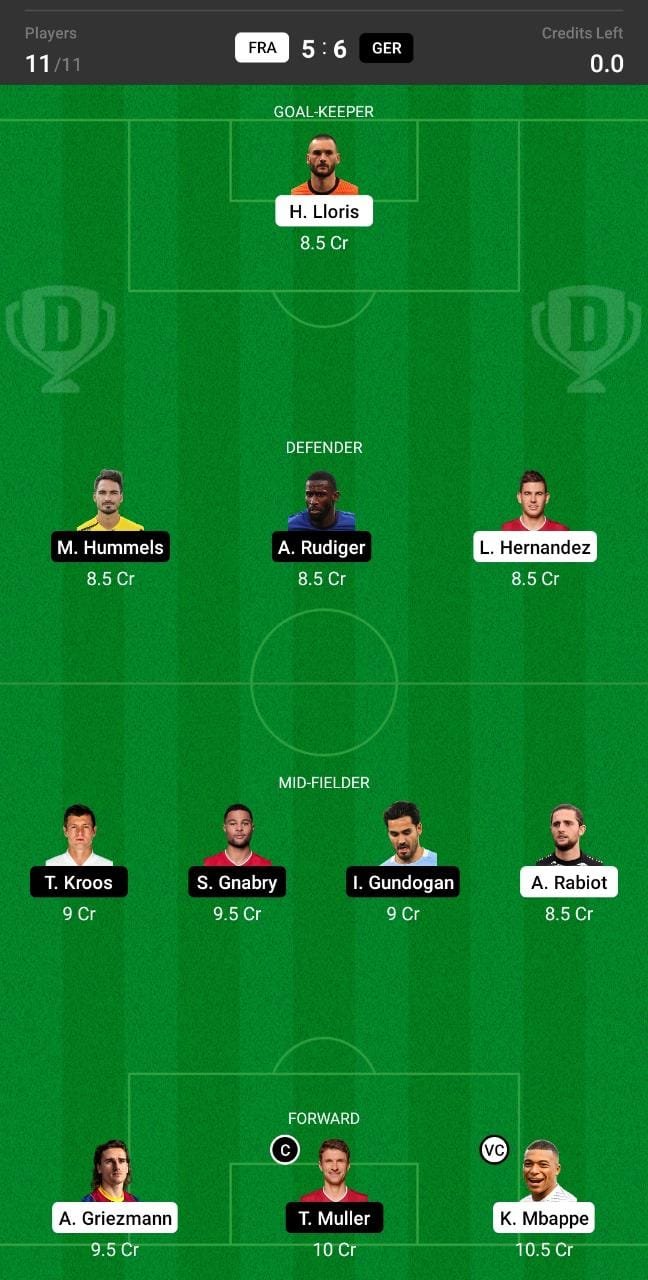 FRA vs GER Dream11 Team fantasy Prediction Euro