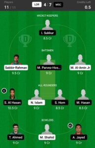 LOR vs MSC 27th Match Dream11 Team fantasy Prediction Dhaka T20