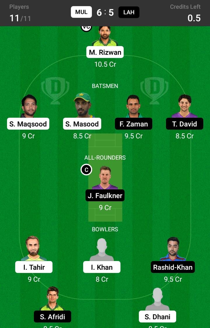 MUL vs LAH 29th Match Dream11 Team fantasy Prediction Super League T20