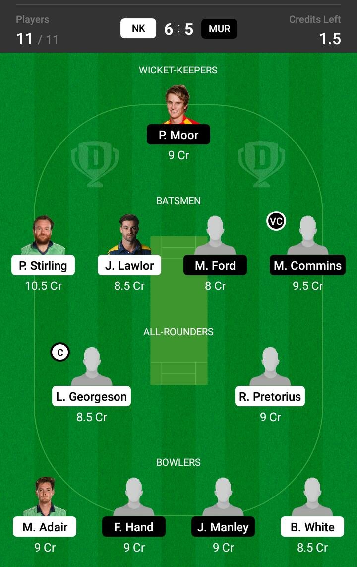 NK vs MUR 12th Match Dream11 Team fantasy Prediction Ireland Inter-Provincial ODD