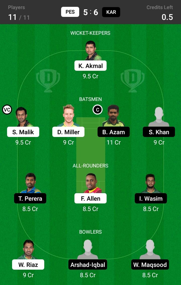 PES vs KAR 25th Match Dream11 Team fantasy Prediction Super League T20