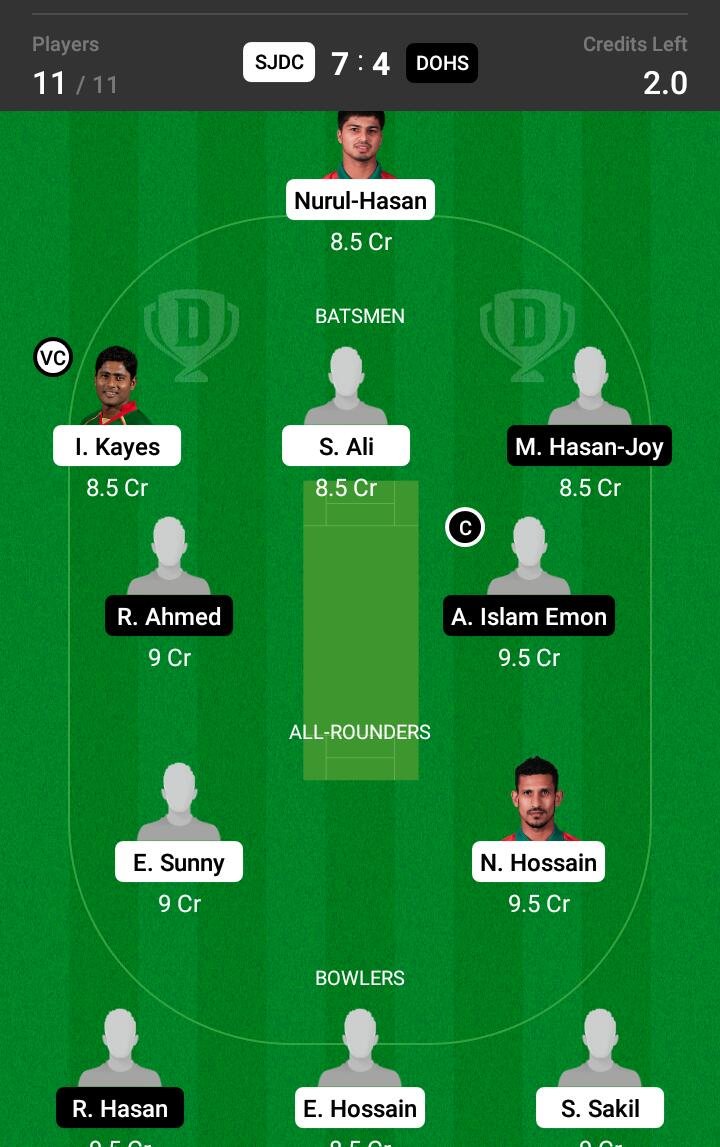 SJDC vs DOHS 34th Match Dream11 Team fantasy Prediction Dhaka T20