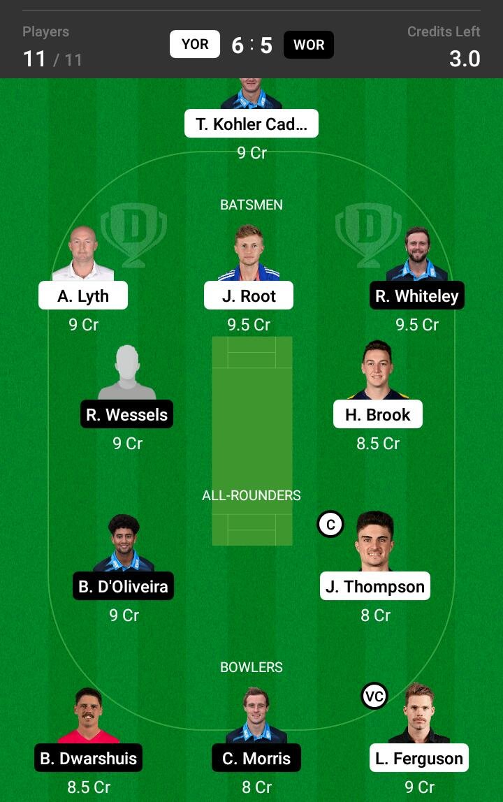 YOR vs WOR 61st Match Dream11 Team fantasy Prediction English T20 Blast