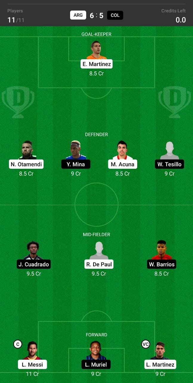 ARG vs COL Dream11 Team fantasy Prediction Copa America