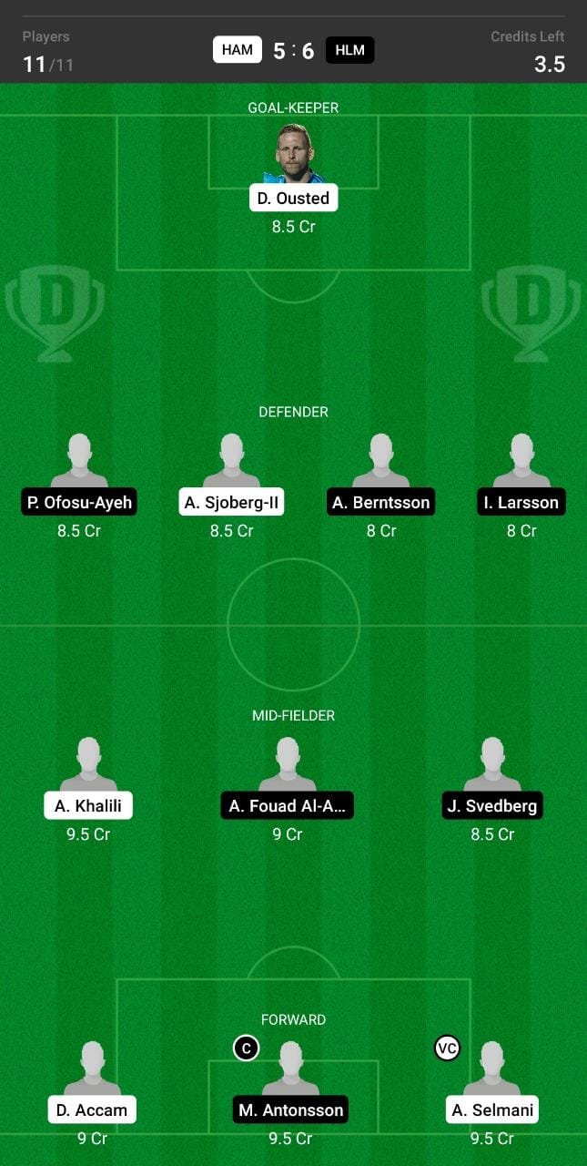 HAM vs HLM Dream11 Team fantasy Prediction Swedish League