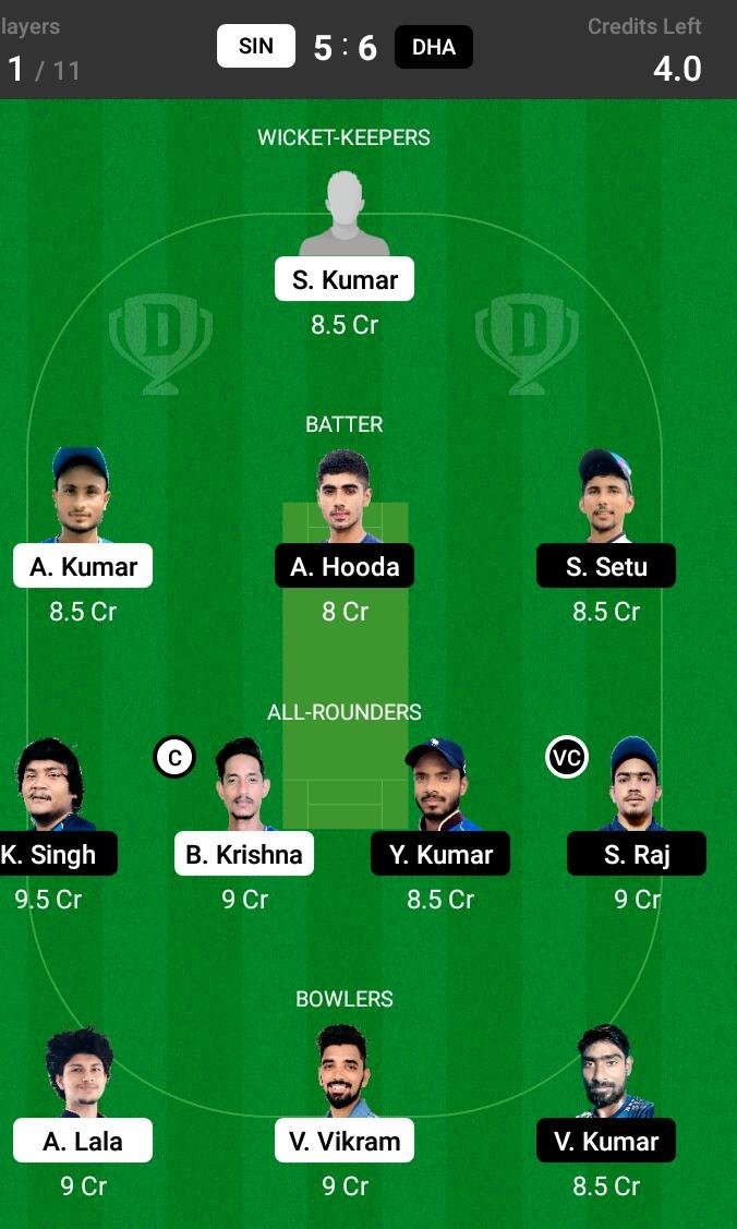 SIN vs DHA 30th Match Dream11 Team fantasy Prediction BYJU's Jharkhand T20