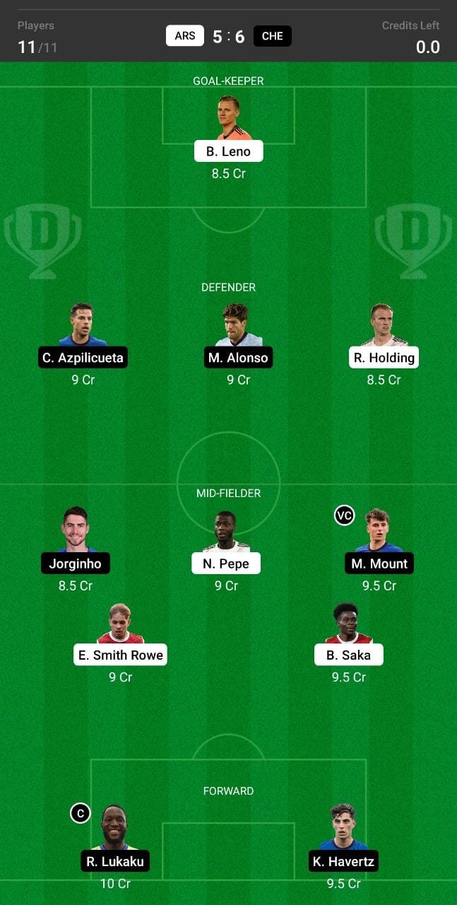 ARS vs CHE Dream11 Team fantasy Prediction Premier League