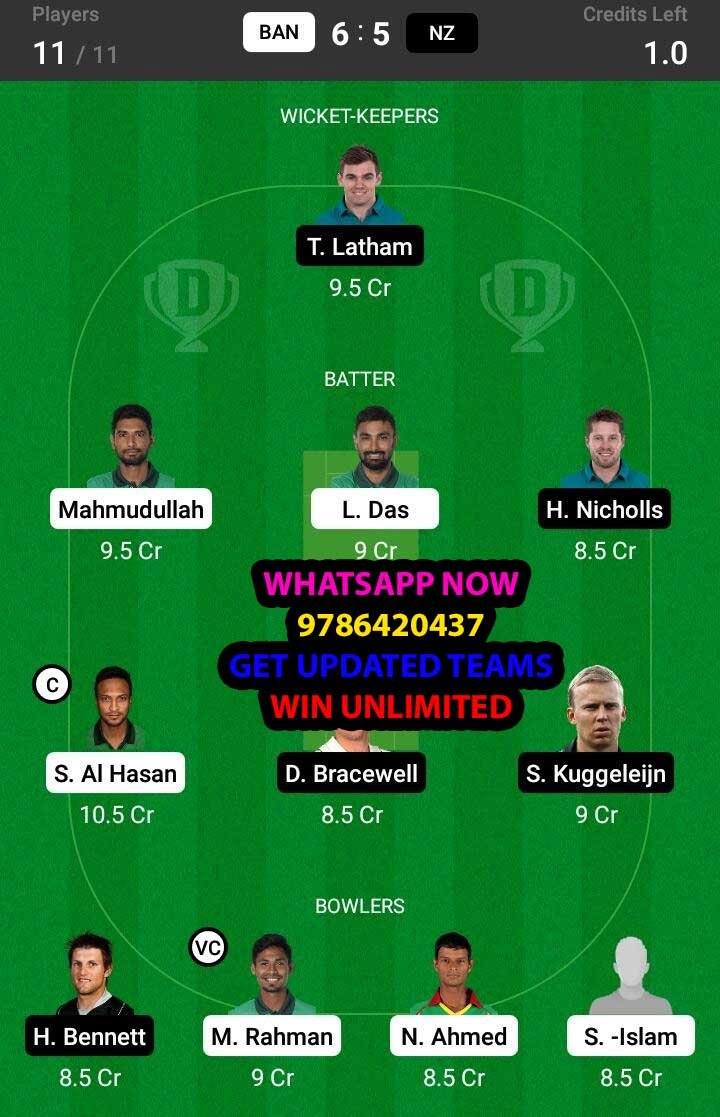 BAN vs NZ 1st Match Dream11 Team fantasy Prediction New Zealand tour of Bangladesh