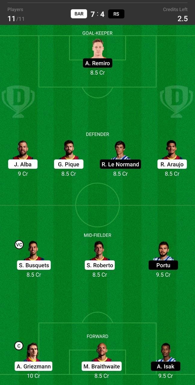 BAR vs RS Dream11 Team fantasy Prediction LaLiga Santander