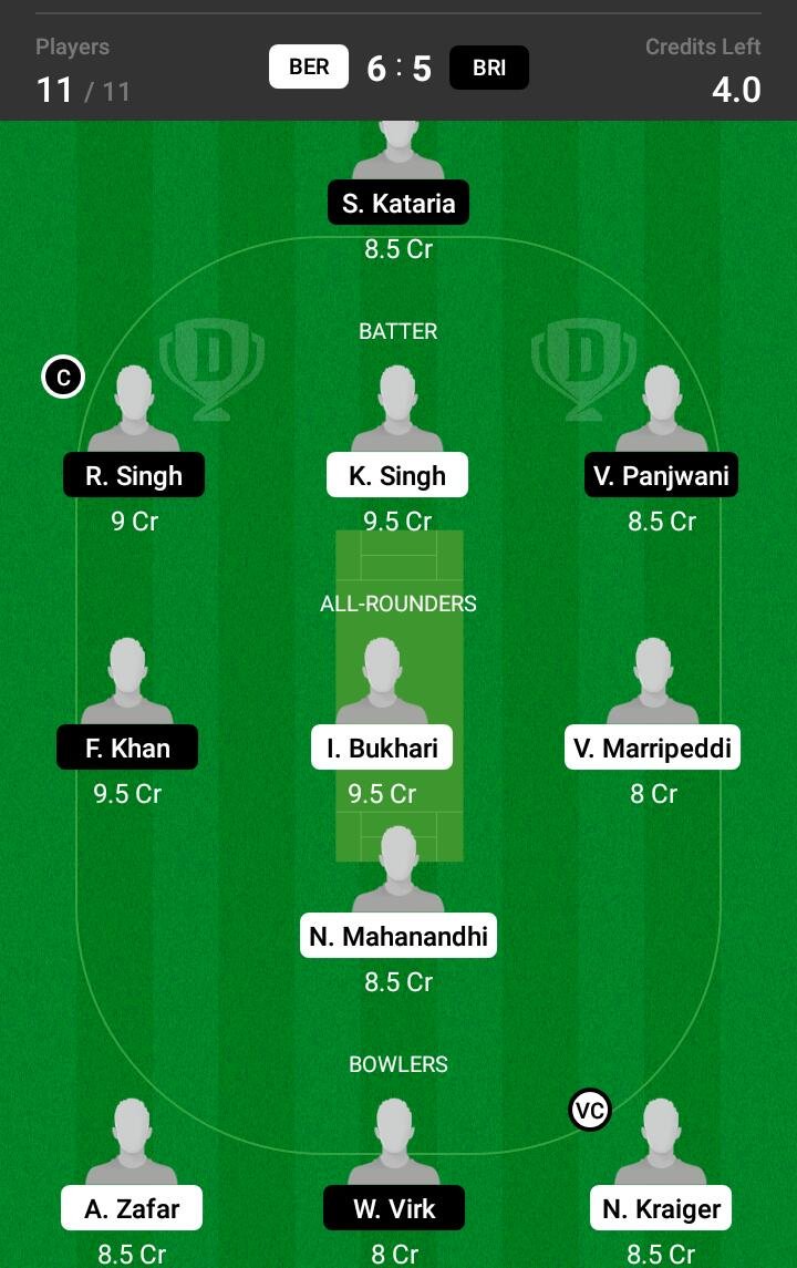 BER vs BRI 27th Match Dream11 Team fantasy Prediction FanCode ECS T10 - Dresden