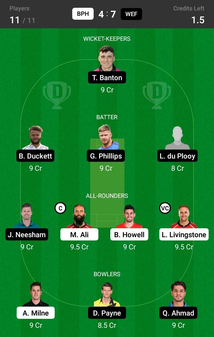 BPH vs WEF 23rd Match Dream11 Team fantasy Prediction The Hundred Men