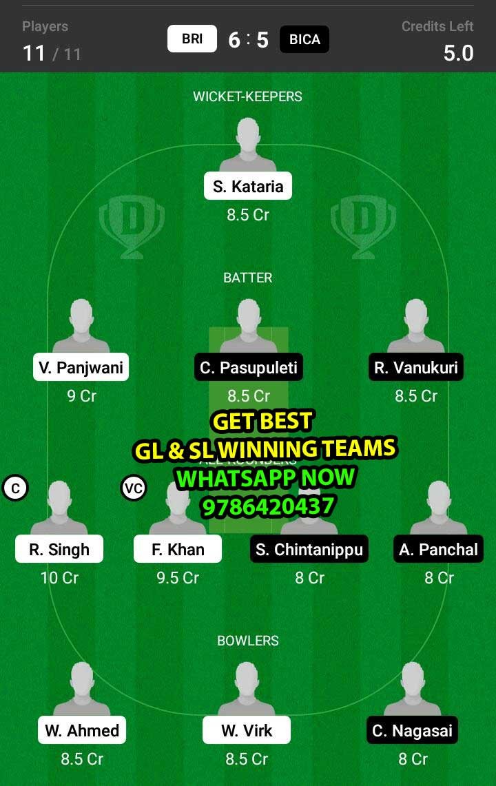 BRI vs BICA 33rd Match Dream11 Team fantasy Prediction FanCode ECS T10 - Dresden