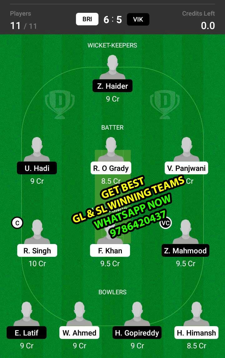 BRI vs VIK Quater Final Match Dream11 Team fantasy Prediction FanCode ECS T20 - Dresden