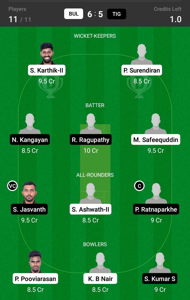 BUL vs TIG 9th Match Dream11 Team fantasy Prediction BYJU's Pondicherry T20