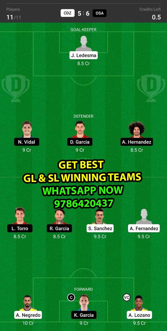 CDZ vs OSA Dream11 Team fantasy Prediction LaLiga Santander