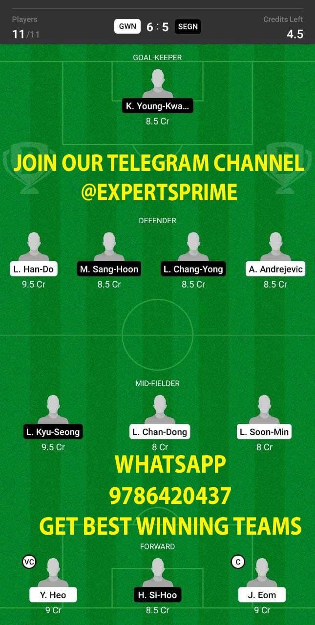 GWN vs SEGN Dream11 Team fantasy Prediction Korean League