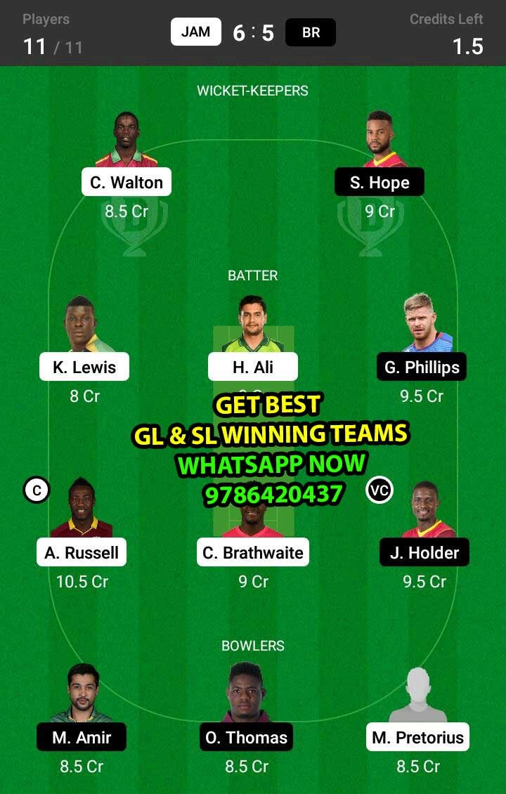 JAM vs BR 6th Match Dream11 Team fantasy Prediction Hero CPL T20