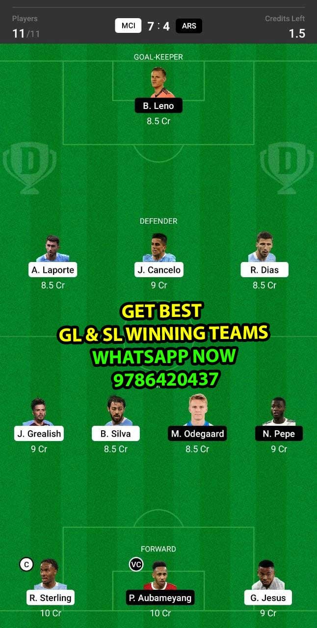 MCI vs ARS Dream11 Team fantasy Prediction Premier League