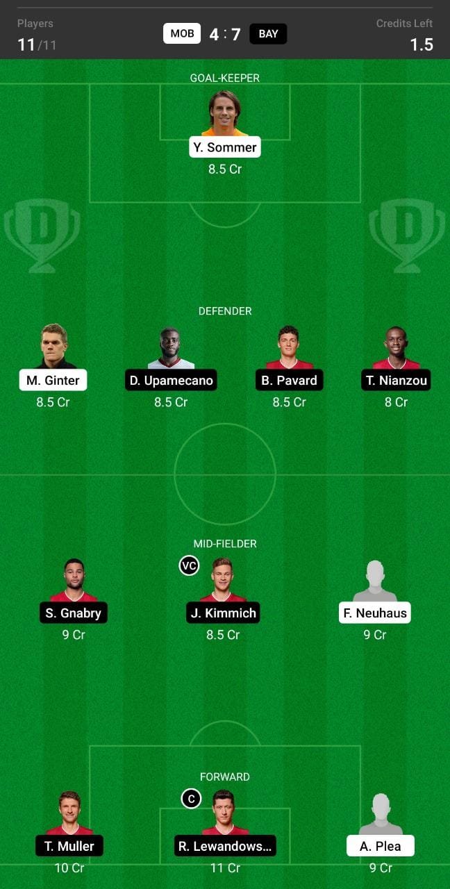 MOB vs BAY Dream11 Team fantasy Prediction Bundesliga