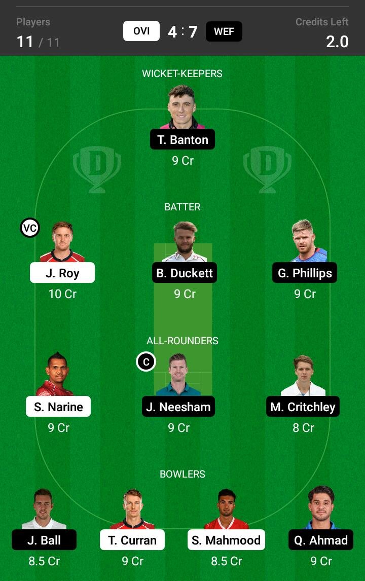 OVI vs WEF 16th Match Dream11 Team fantasy Prediction The Hundred Men