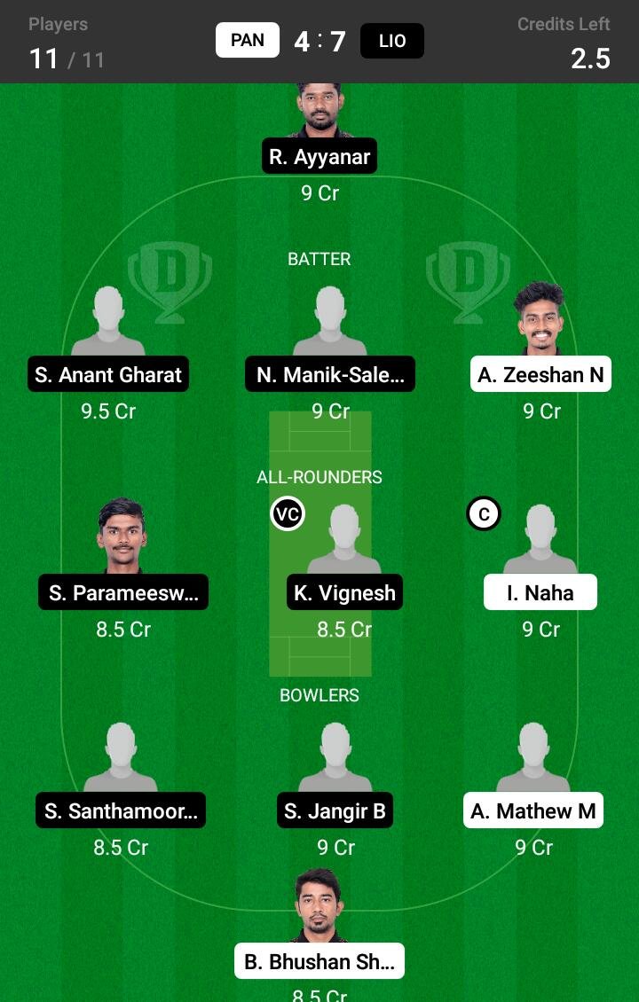 PAN vs LIO 10th Match Dream11 Team fantasy Prediction BYJU's Pondicherry T20