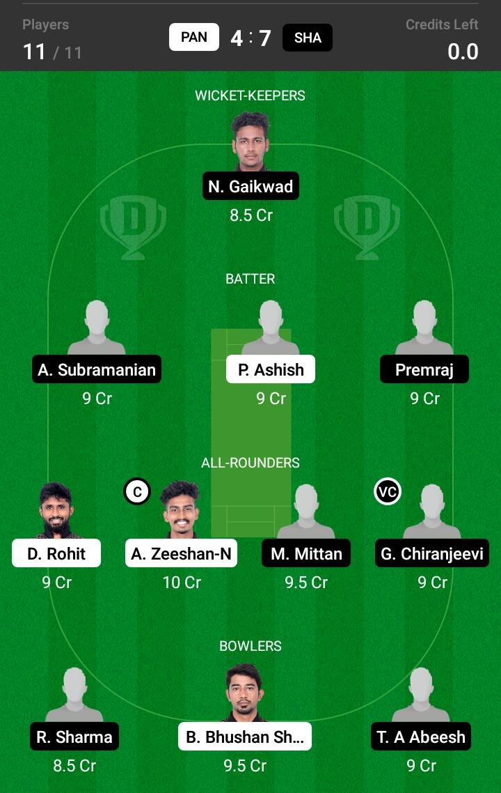 PAN vs SHA Final Match Dream11 Team fantasy Prediction BYJU's Pondicherry T20