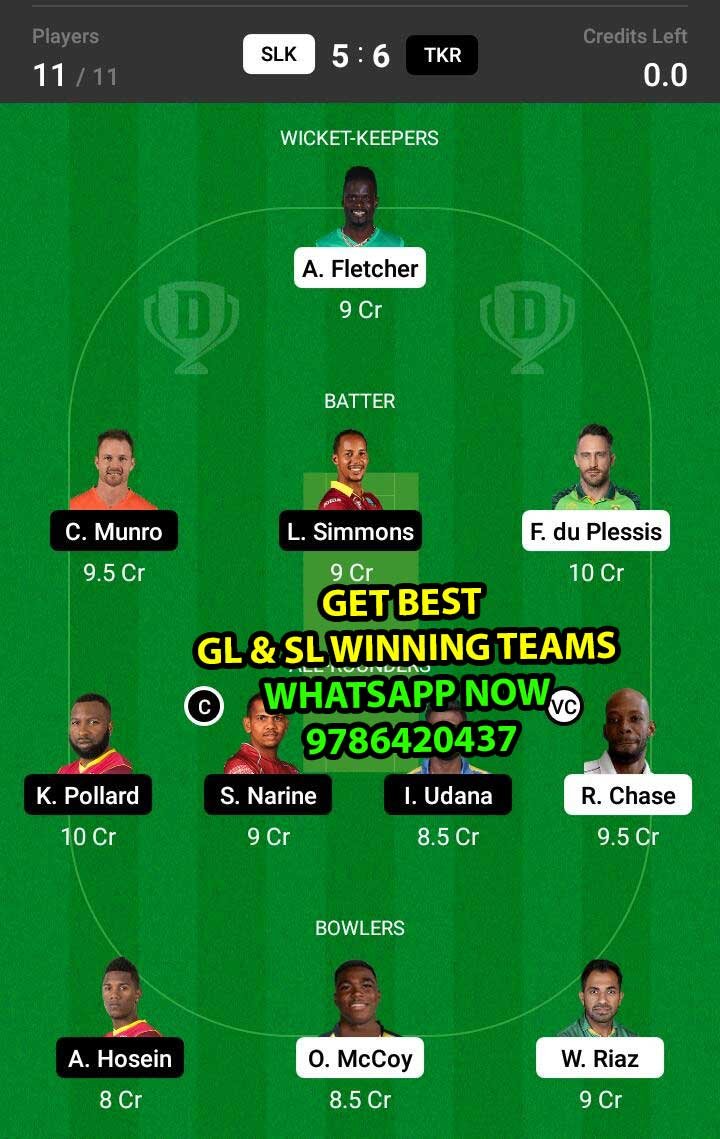 SLK vs TKR 7th Match Dream11 Team fantasy Prediction Hero CPL T20