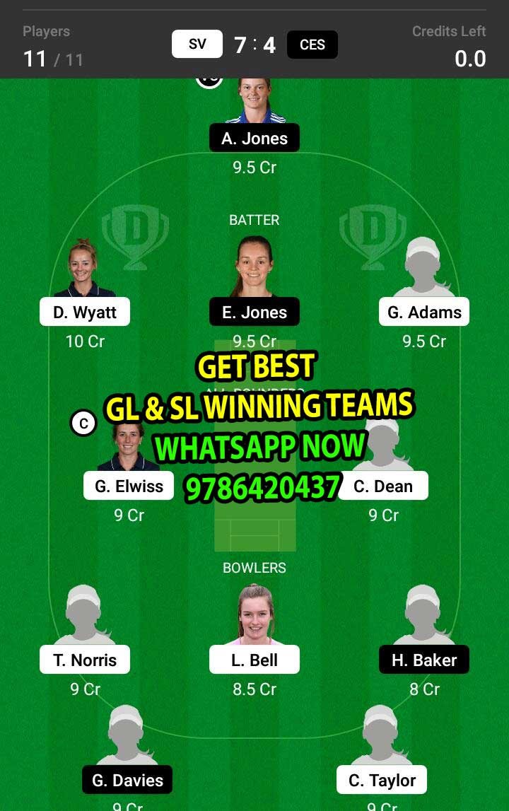 SV vs CES 14th Match Dream11 Team fantasy Prediction English Women's Regional T20