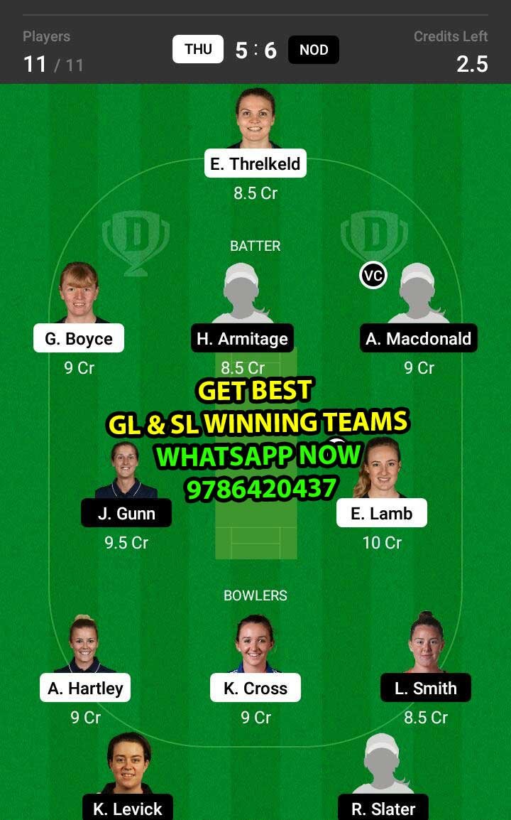 THU vs NOD 24th Match Dream11 Team fantasy Prediction English Women's Regional T20