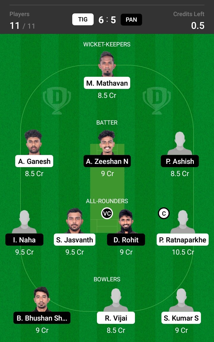 TIG vs PAN 18th Match Dream11 Team fantasy Prediction BYJU's Pondicherry T20