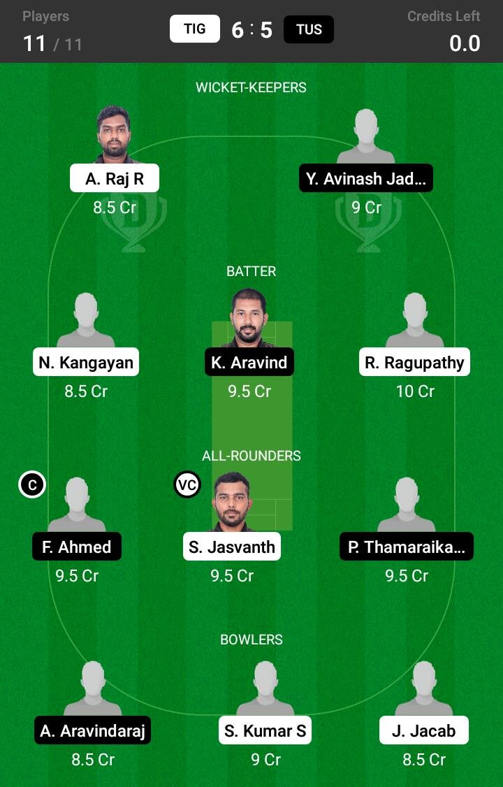 TIG vs TUS 8th Match Dream11 Team fantasy Prediction BYJU's Pondicherry T20