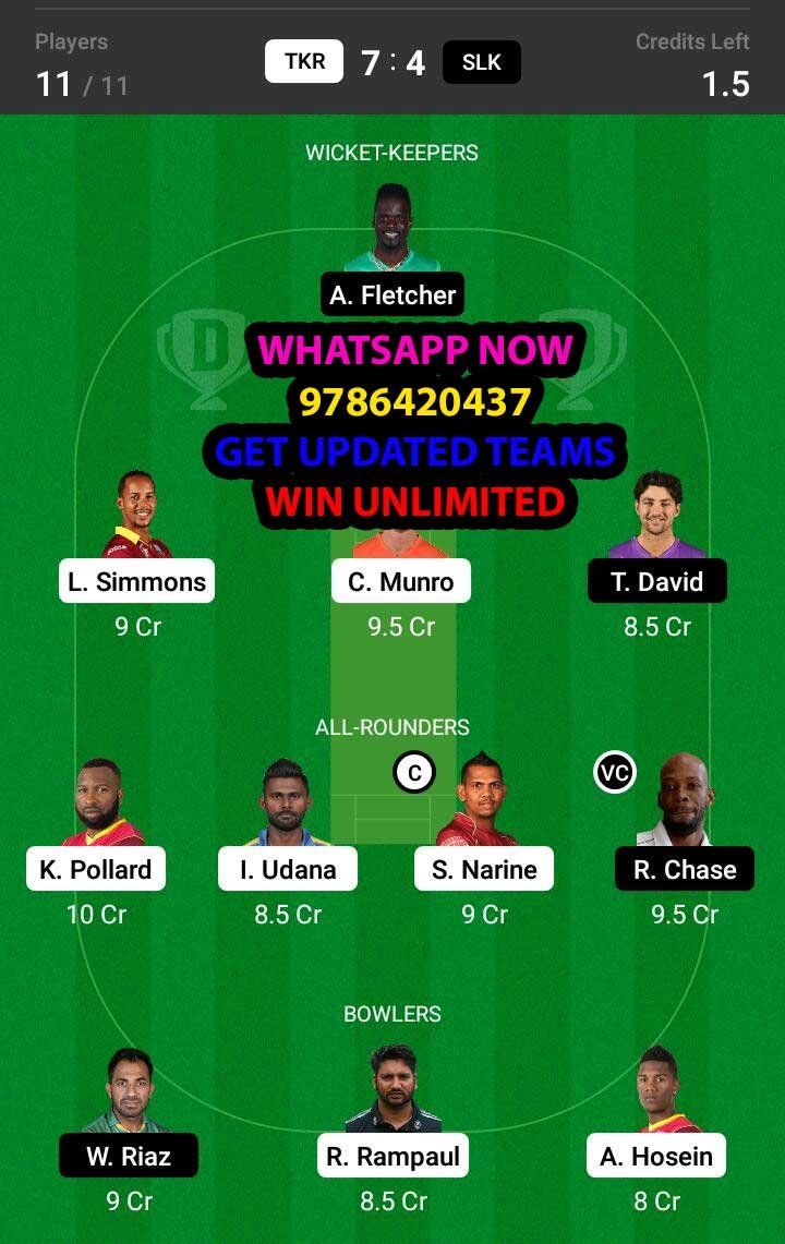 TKR vs SLK 9th Match Dream11 Team fantasy Prediction Hero CPL T20