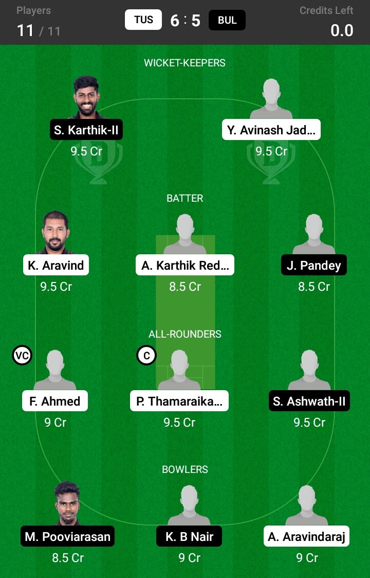 TUS vs BUL 17th Match Dream11 Team fantasy Prediction BYJU's Pondicherry T20