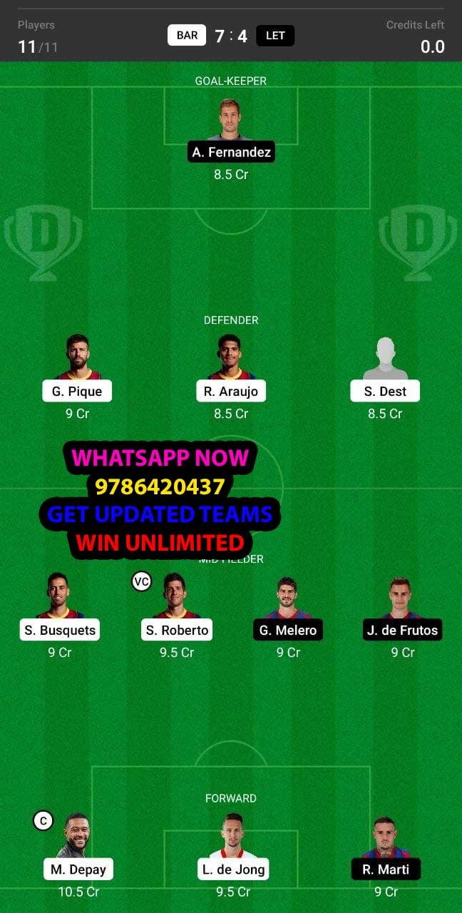 BAR vs LET Dream11 Team fantasy Prediction LaLiga Santander