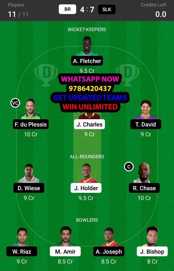 BR vs SLK 28th Match Dream11 Team fantasy Prediction Hero CPL T20