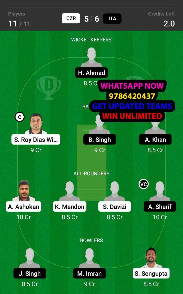 CZR vs ITA 17th Match Dream11 Team fantasy Prediction Dream11 ECC T10