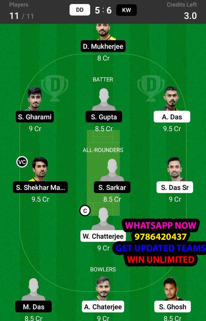 DD vs KW 25th Match Dream11 Team fantasy Prediction BYJU'S Bengal T20 Challengers